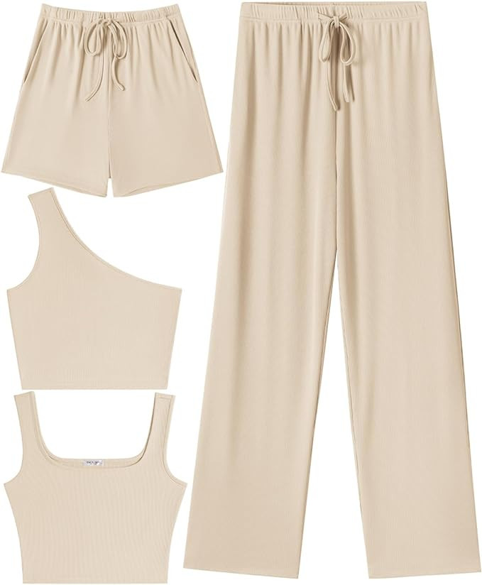 Ekouaer Womens 4 Piece Lounge Sets Ribbed Knit Crop Tank Top and Shorts Pants Casual... | Amazon (US)
