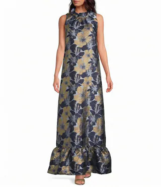 Abbey Glass Camille Floral Print Ruffle Mock Neck Sleeveless Gown -  M | Dillard's