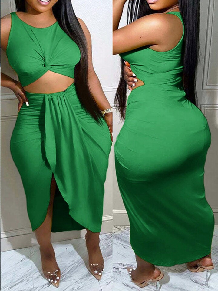 Slaydiva New Round Neck Sleeveless Twisted Twist Hollow Out Long Bodycon Dress | SHEIN