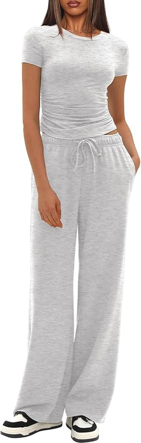 Darong Women's 2 Piece Outfits Casual Short Sleeve Pullover Tops and Wide Leg Pants Tracksuits Lo... | Amazon (US)