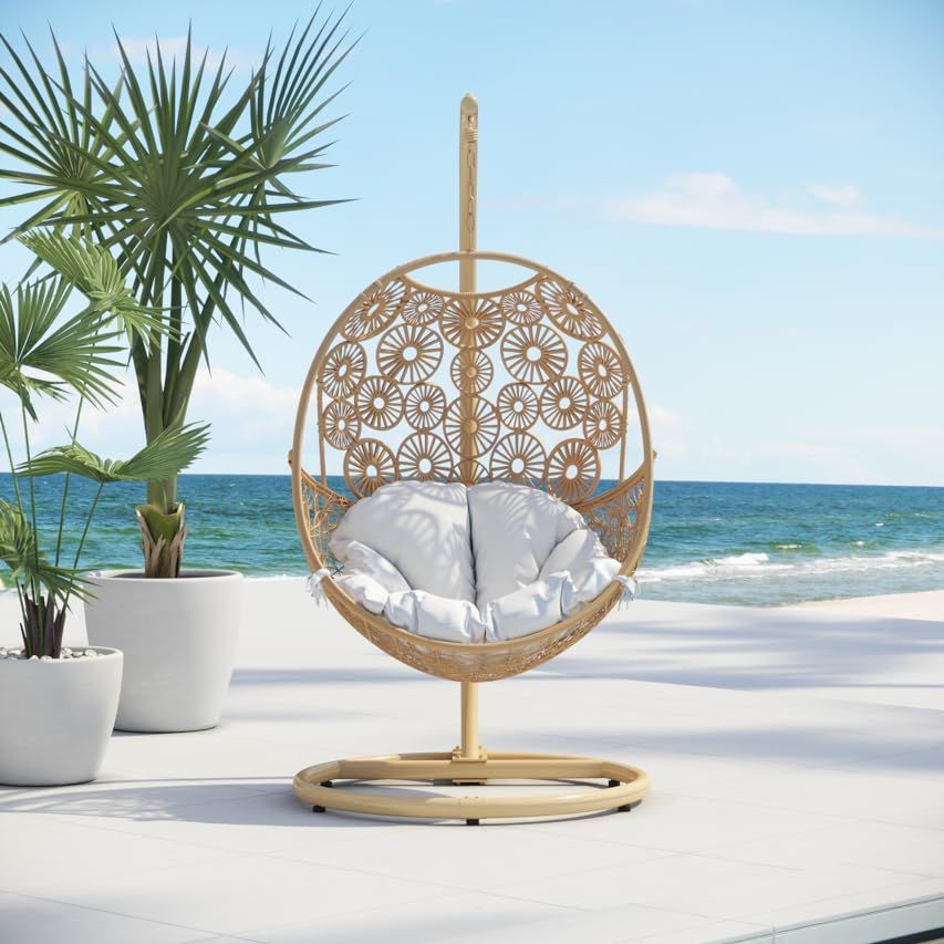 Zuri Furniture Modern Bay Tan Basket Swing Chair White Cushion with Stand | Amazon (US)