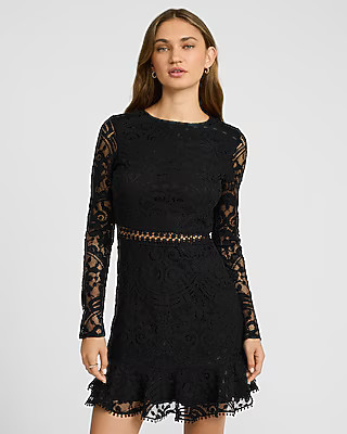Lace Crew Neck Long Sleeve Ruffle Mini Dress | Express