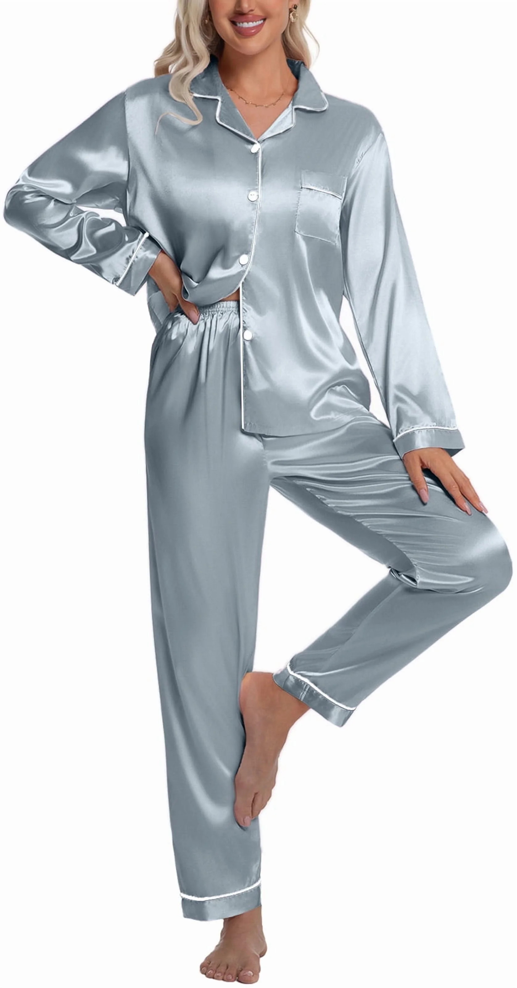DAKIMOE Sleepwear Womens Silky Satin Pajamas Set Long Sleeve Nightwear Loungewear, Light Blue, M | Walmart (US)