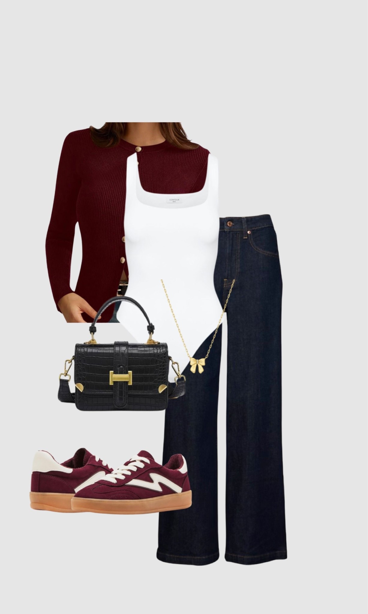 casual outfit burgundy . The cardigan is showing as $2K for some reason on LTK, it’s actually like $40