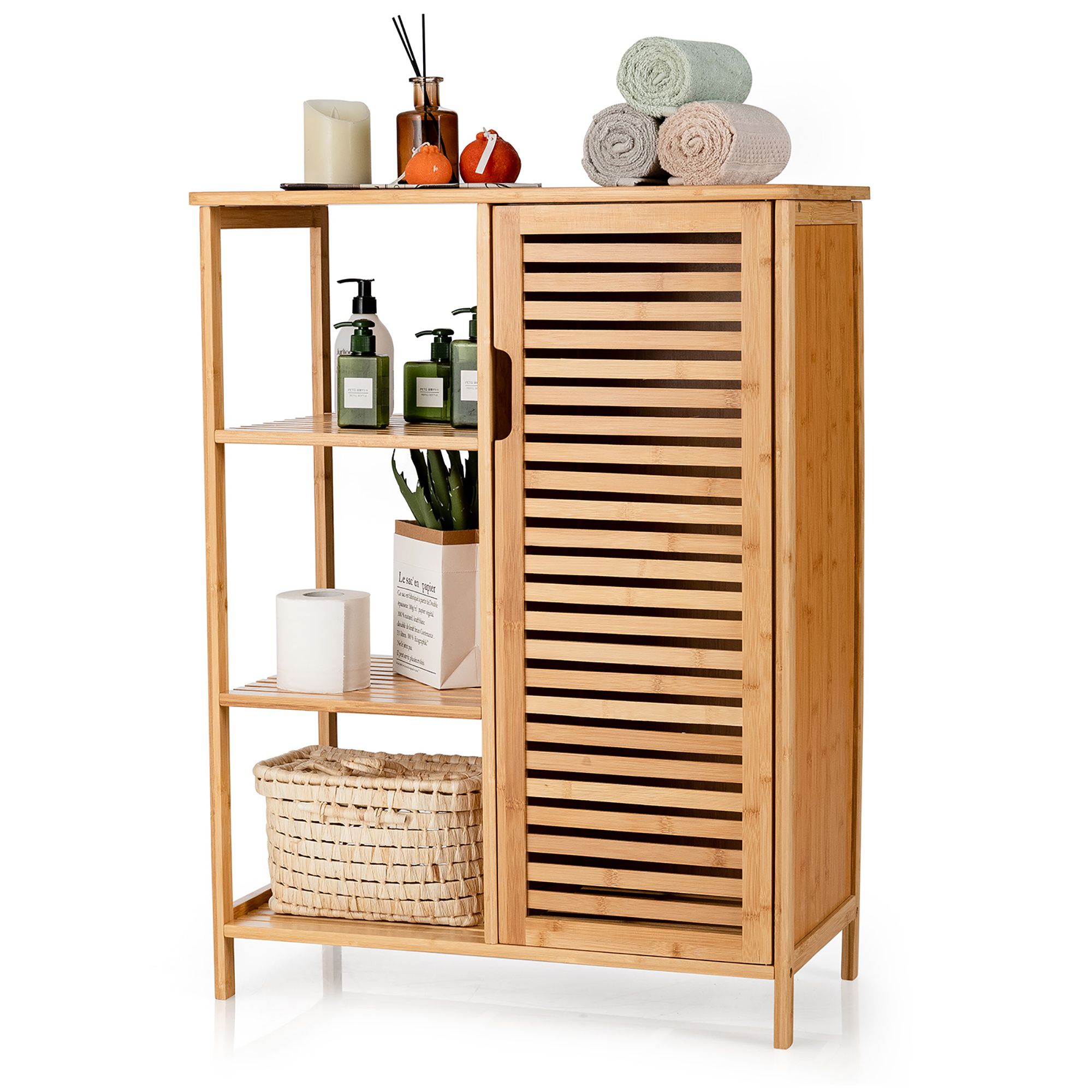Costway Bathroom Cabinet Bamboo Storage Floor Cabinet w/ Single Door & 3 Open Shelves | Walmart (US)