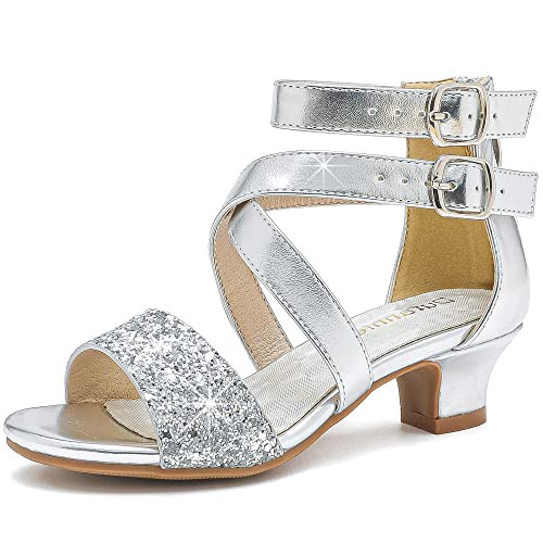 Dufannie Silver Kids High Heels Girls Wedge Sandal Dress Shoes for Little Girls Sparkle Heels Size 12 Kids Pageant Shoes Princess Sandal Wedding Church Halloween Dance Party(3405Silver 12) | Amazon (US)