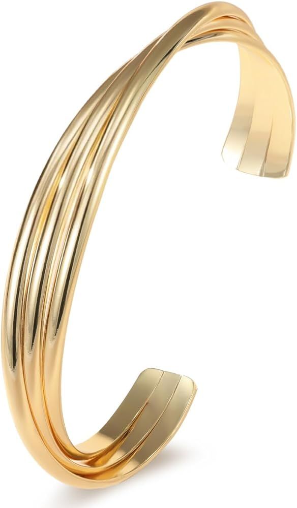 Gold Cuff Bracelets for Women, Chunky 14K Gold Plated Twisted Wire Open Bangle Bracelets 3 Layers... | Amazon (US)