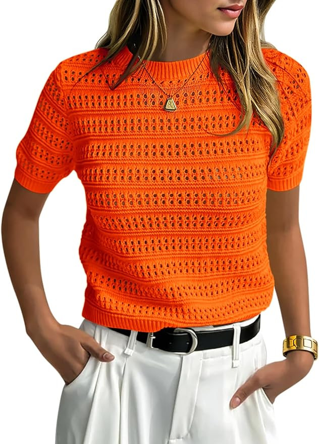 Saodimallsu Womens Short Sleeve Crochet Sweaters Crew Neck Loose Casual Knit Summer Boho Pullover... | Amazon (US)