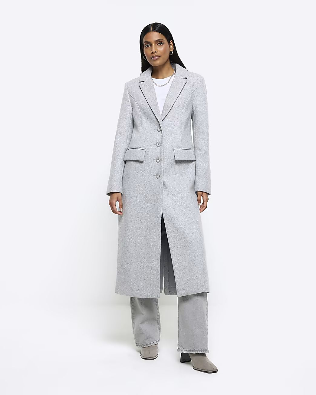 Grey faux fur collar longline coat | River Island (UK & IE)