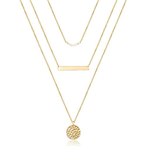 Dainty Layering Simulated Pearls Bar Necklace Hammered Disc Pendant Necklaces Simple Layering Necklace Choker for Women | Amazon (US)