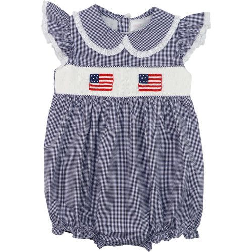 Navy Gingham Smocked Flag Eyelet Bubble | Cecil and Lou
