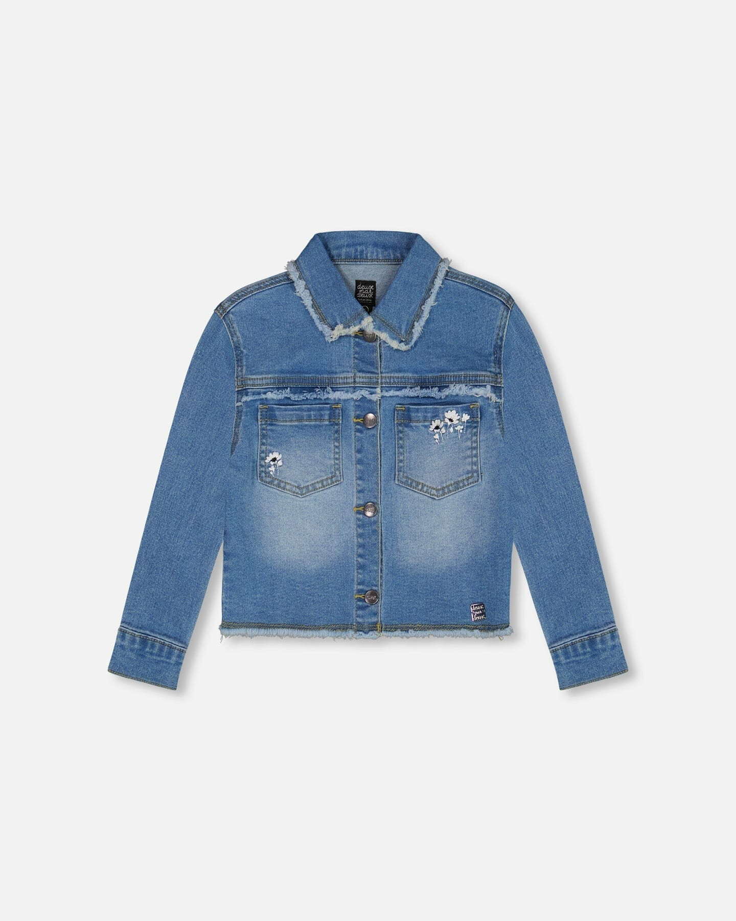 Frayed Denim Jacket With Embroidery Jeans Blue - Deux par Deux | Deux par Deux Childrens Designer Clothing