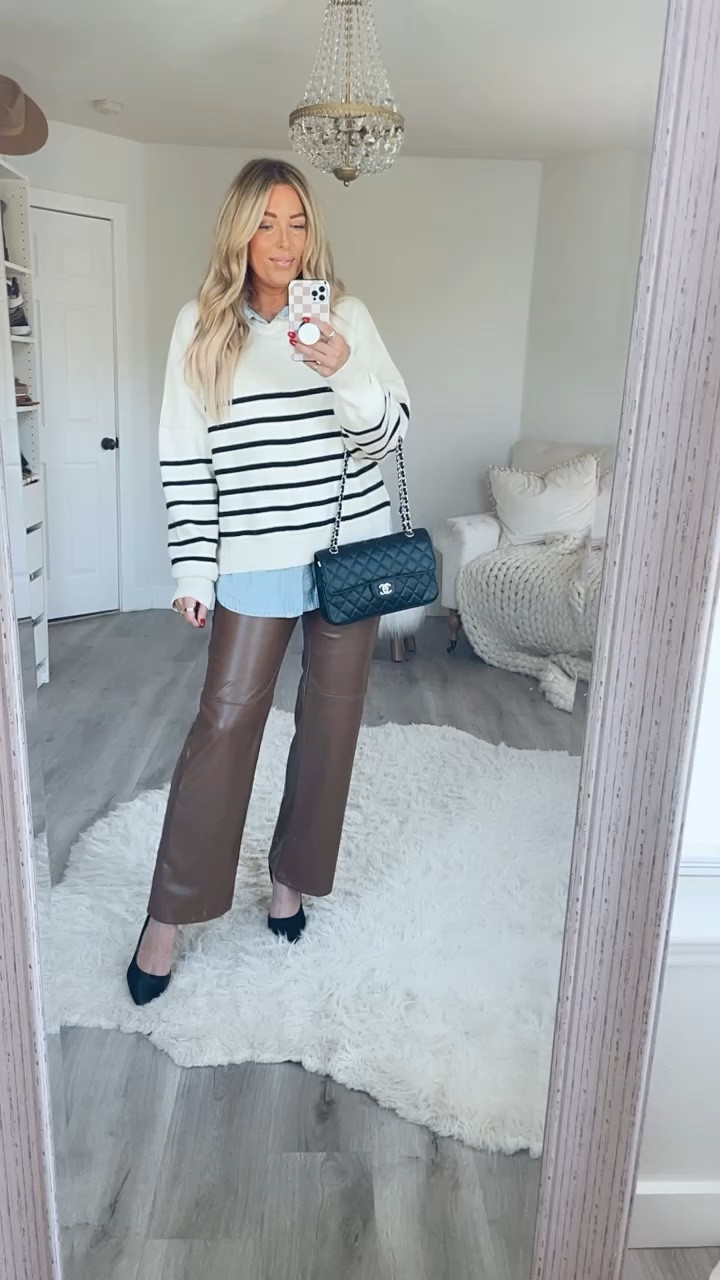Thanksgiving outfits. Sized up to a Large in this sweater for this very oversized fit. Sized up to a algae in the chambray button down and the faux leather pants. looks for less sweater.  Holiday party outfit. Workwear. Faux leather pants outfit. . Holiday party outfit. Turkey day outfit. Family photos outfit. Fall fashion 
Sale

#LTKGiftGuide #LTKHoliday #LTKHolidaySale