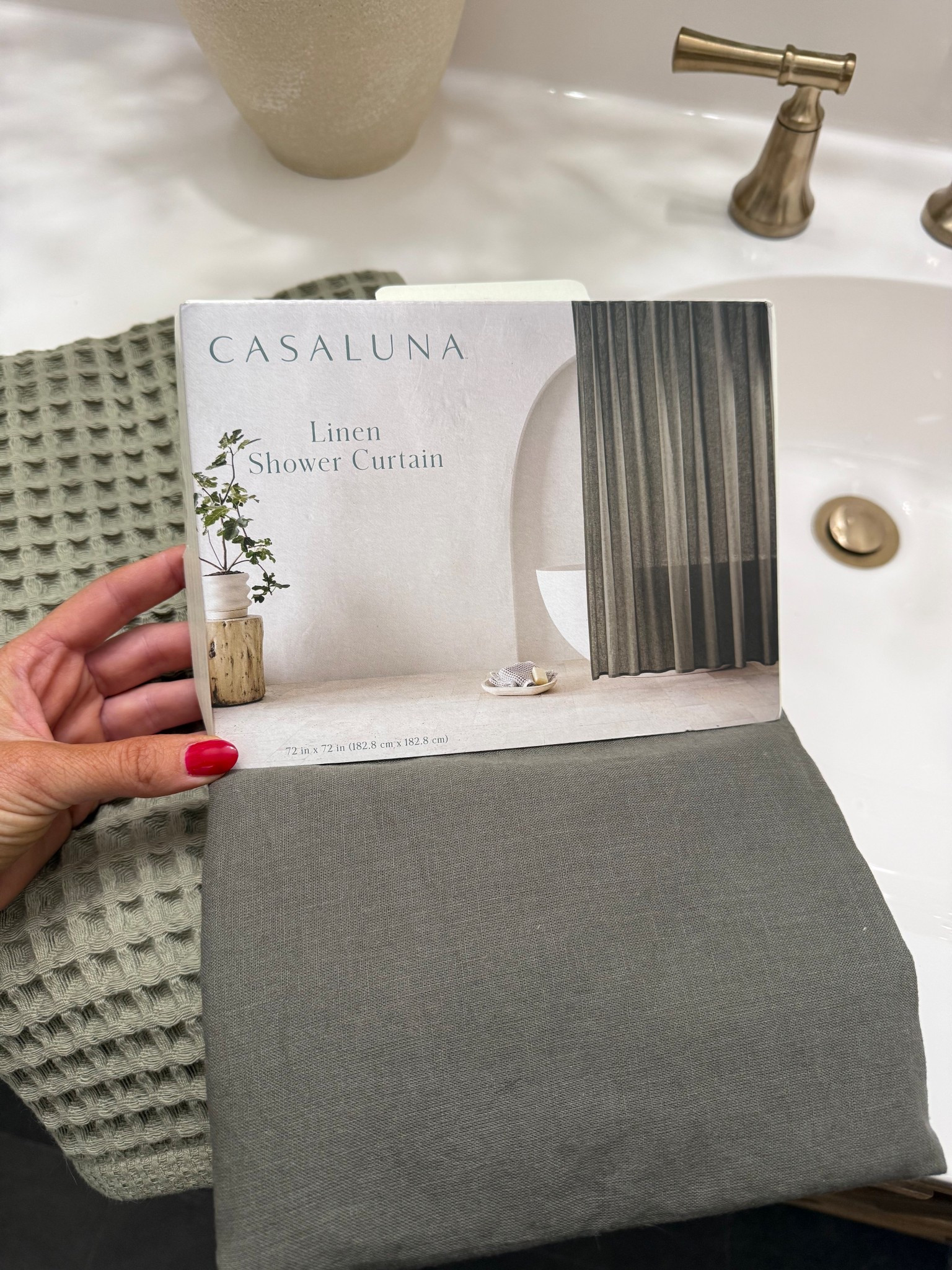 Green linen shower curtain 😍