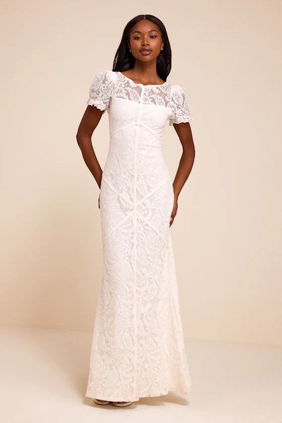 Theodora White Lace Puff Sleeve Maxi Dress | Lulus