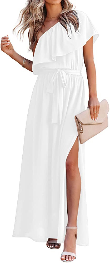 KIRUNDO 2023 Womens Summer Maxi Dress Ruffle One Shoulder High Waist Split Beach Party Wedding Gu... | Amazon (US)