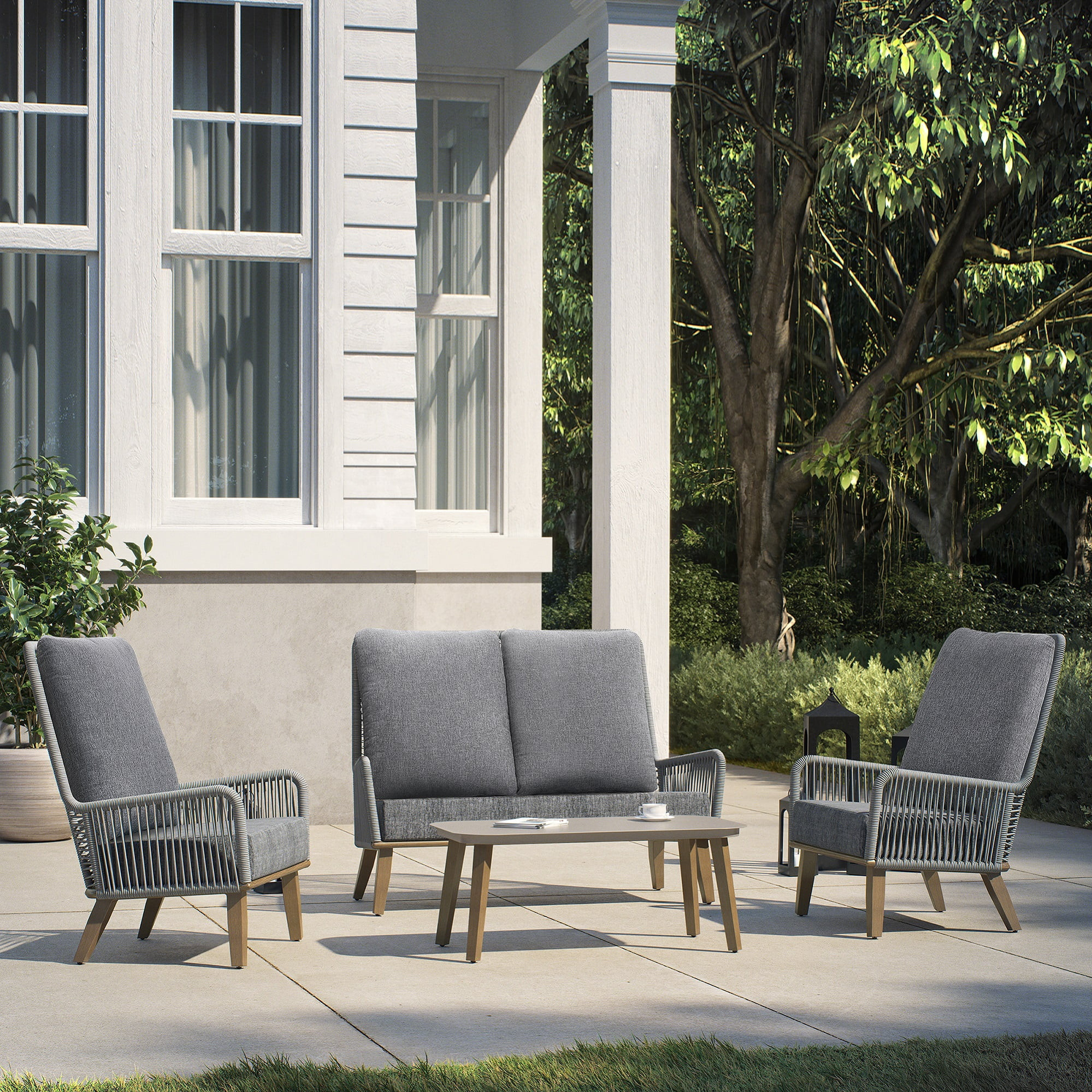 Ove Decors Stevenson 4-Piece Outdoor Conversation Set in Brown Brushed Wood Look Finish | Walmart (US)