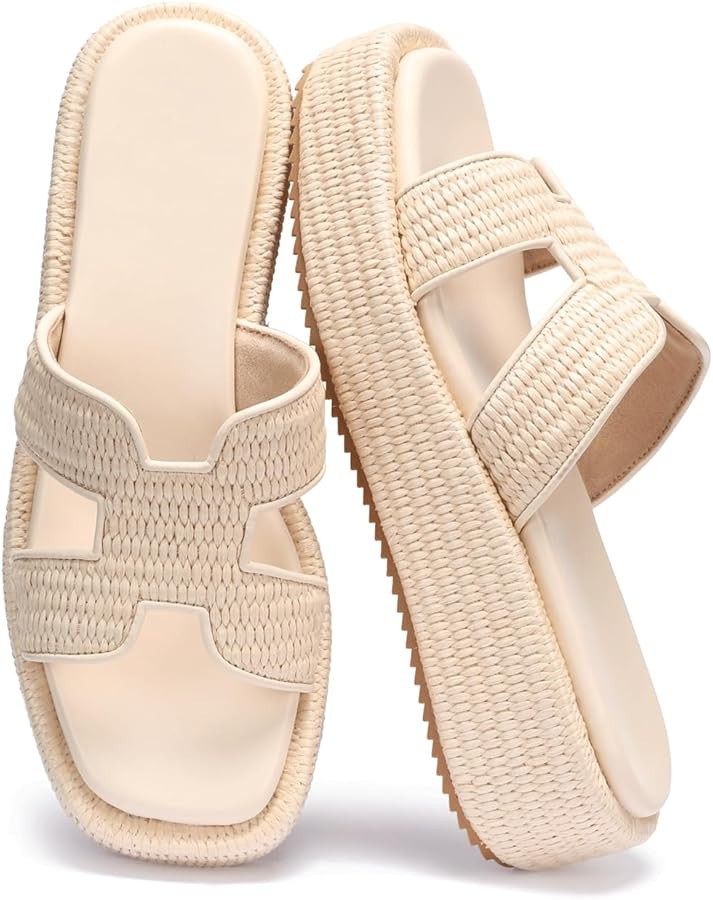 Monrovia Raffia Platform Sandals for Women Slip-On Espadrille Wedges Slides, Flatform Woven Straw... | Amazon (US)