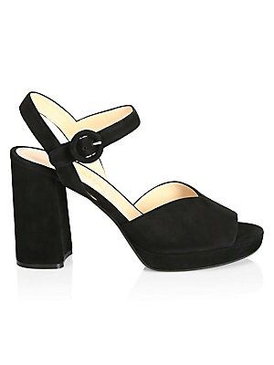 Prada Women's Suede Peep-Toe Block Heel Sandals - Black - Size 36 (6) | Saks Fifth Avenue