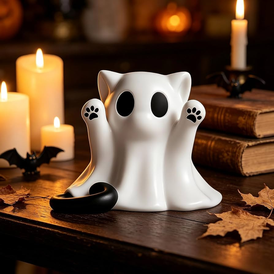 Halloween Ghost Statue, Cute Cat Ghost Figurine Statue, Halloween Decor | Amazon (US)