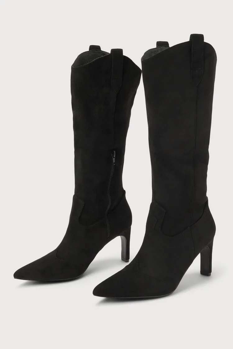 Emberly Black Suede Blade Heel Knee-High Western Boots | Lulus
