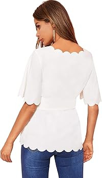 Romwe Women's Bow Self Tie Scalloped Cut Out Short Sleeve Elegant Office Work Tunic Blouse Top | Amazon (US)