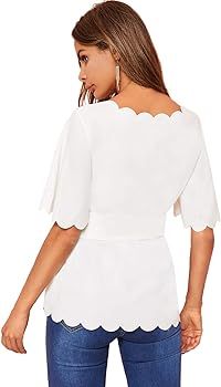 Romwe Women's Bow Self Tie Scalloped Cut Out Short Sleeve Elegant Office Work Tunic Blouse Top | Amazon (US)