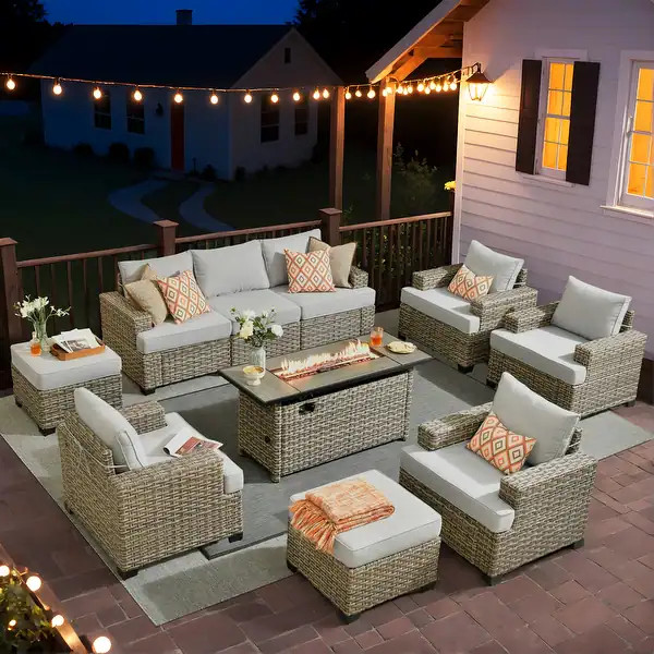 XIZZI 10-piece Patio Wicker Furniture Conversation Set with Fire Pit Table - Bed Bath & Beyond - ... | Bed Bath & Beyond