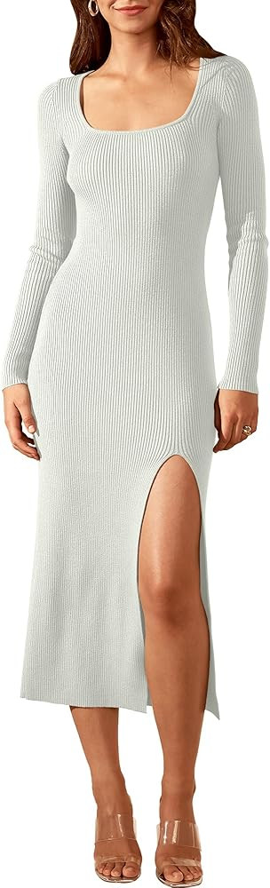 ANRABESS Women's 2023 Trendy Long Sleeve Sweater Dress Square Neck Side Slit Bodycon Ribbed Knit ... | Amazon (US)