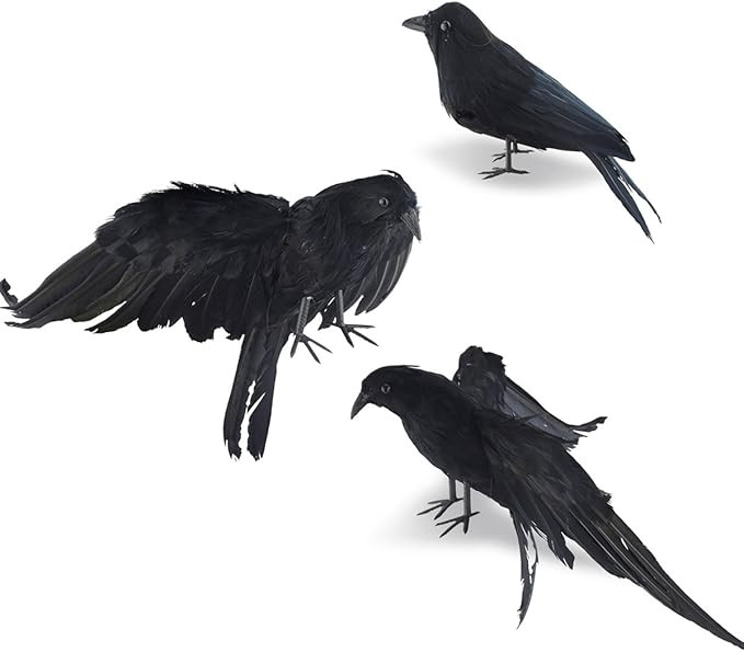 IMOSA Halloween Realistic Handmade Crow Prop 3 Pack Black Feathered Crow Fly and Stand Crows Rave... | Amazon (US)