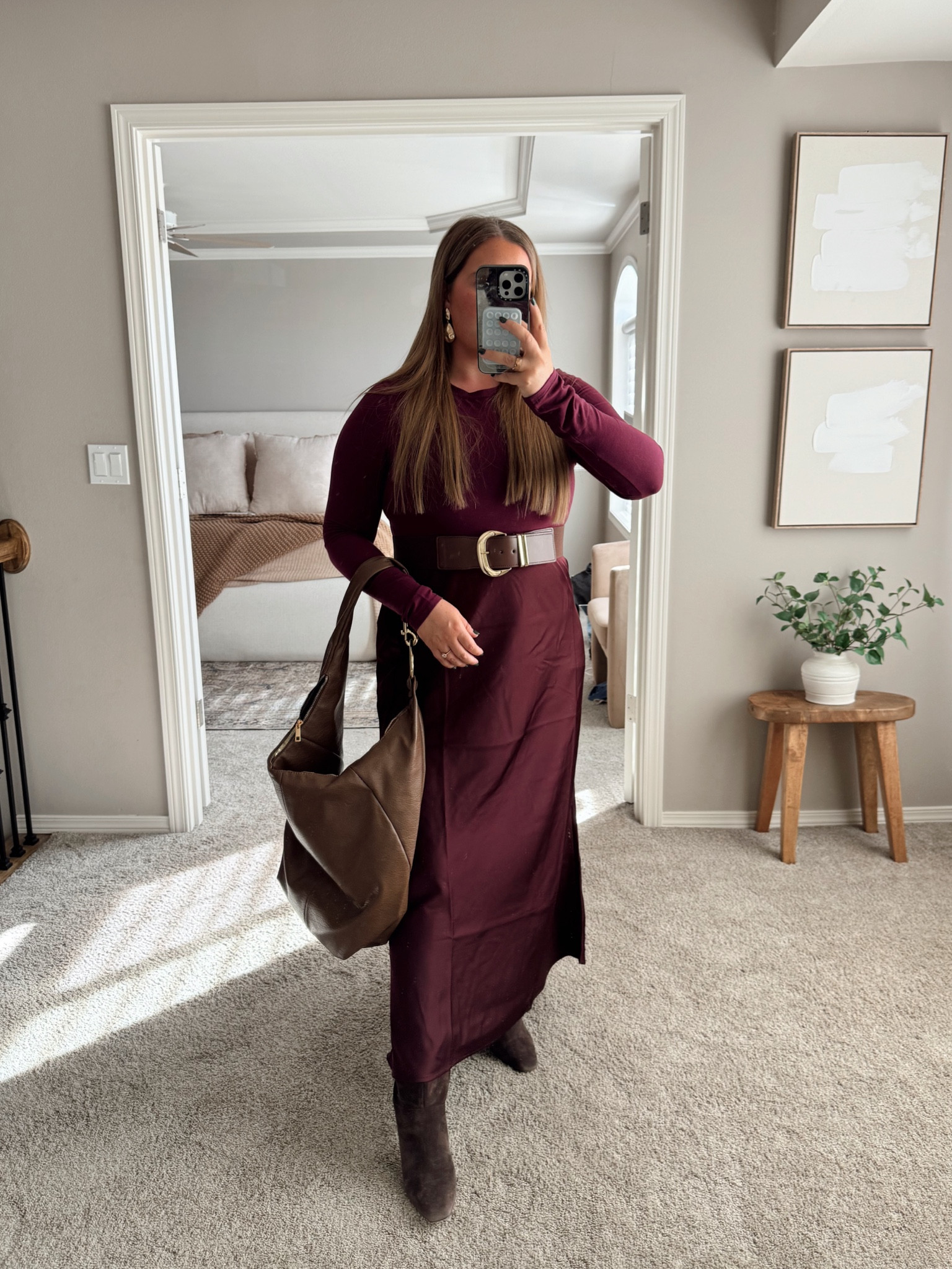 Midsize fall outfit 🍇👢📈 target satin maxi skirt in a size large. 