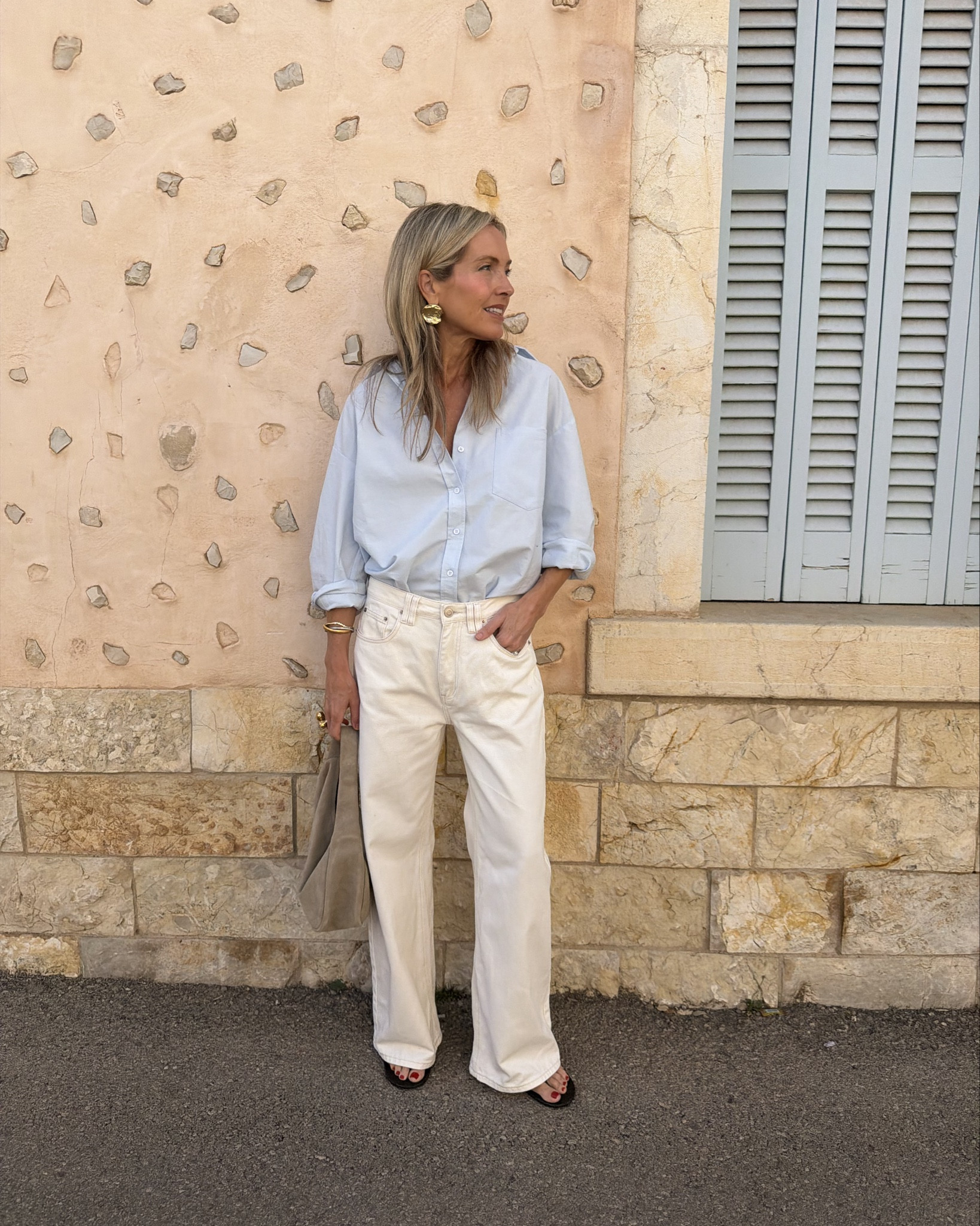 Summer essentials from DISSH 🤍🩵
Blue shirt cream jeans thong kitten heels suede bag. 

#LTKspring #LTKuk #LTKsummer