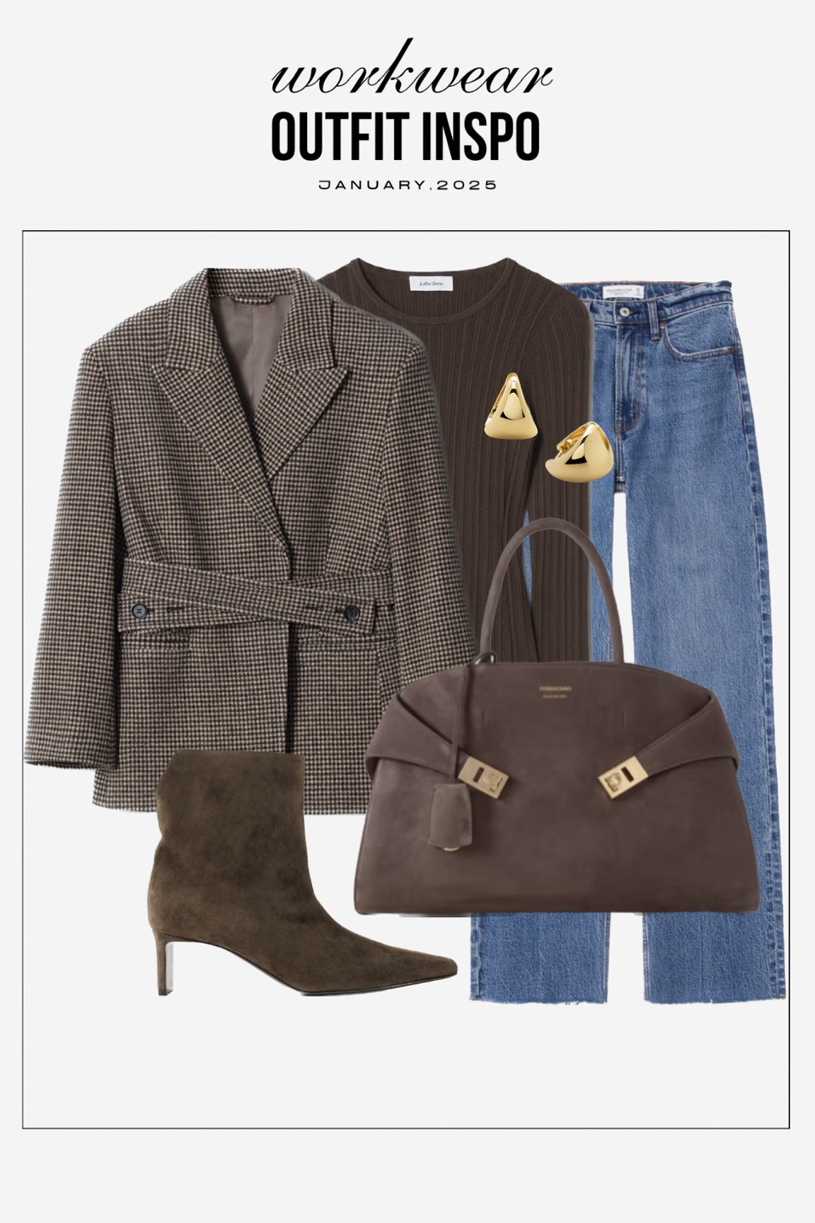 Office outfit idea - outfit of the day - workwear - belted check blazer - Abercrombie dark wash jeans - brown suede boots - elevated everyday look #jeans #boots #blazer #suede 

#LTKstyletip #LTKshoecrush #LTKitbag