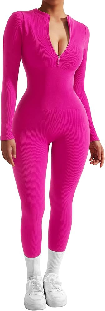 SUUKSESS Women Long Sleeve Ribbed Jumpsuit Zip up Front Workout Bodycon Romper | Amazon (US)