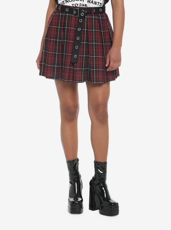 Dark Red Plaid Pleated Skirt With Grommet Belt | Hot Topic