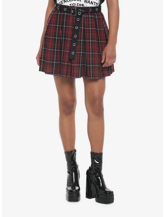 Dark Red Plaid Pleated Skirt With Grommet Belt | Hot Topic