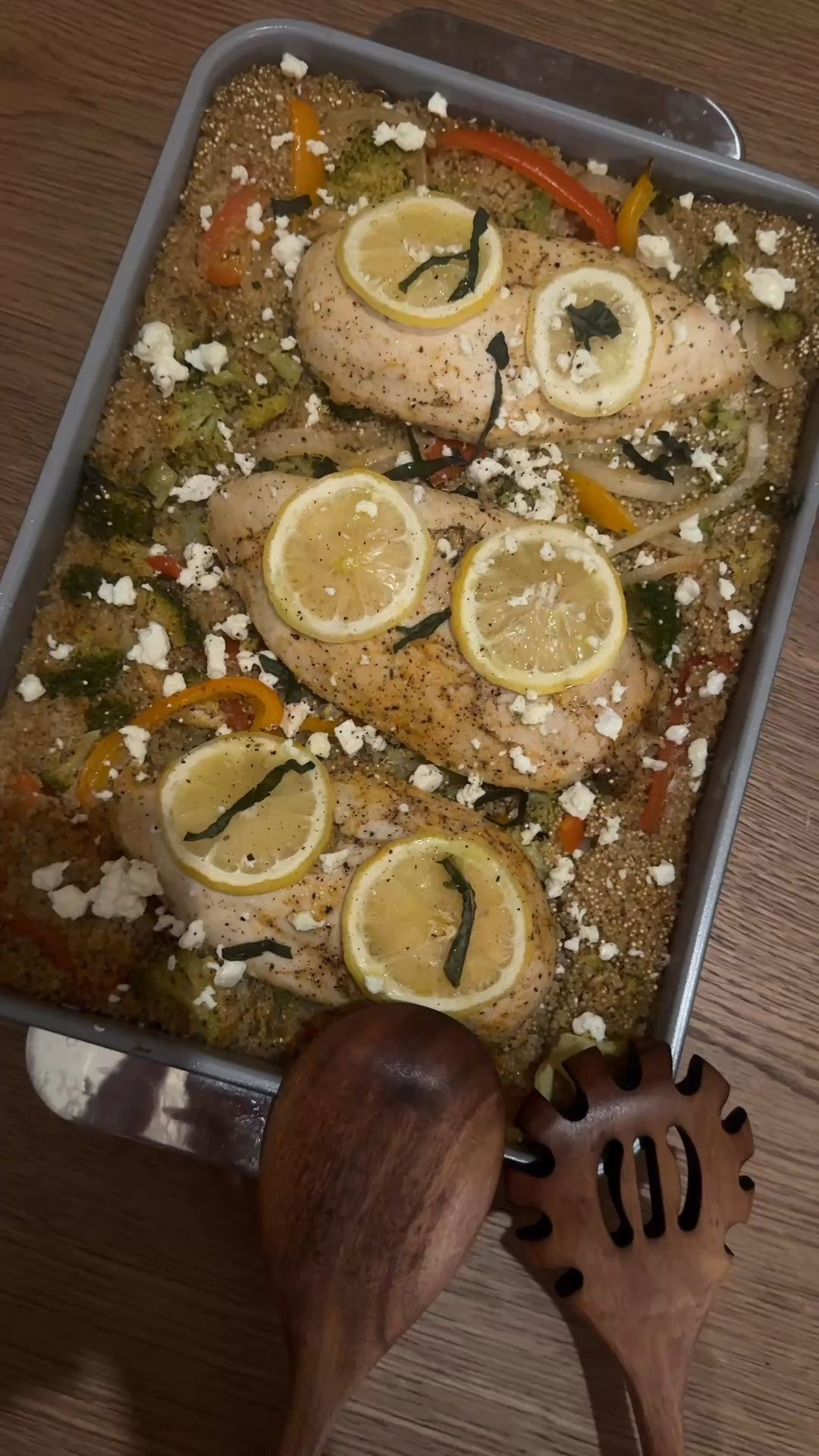 One pan Lemony chicken with quinoa & feta bake. SO DELICIOUS. Prepped in the a.m during the calm and popped in oven at night during the chaos. Game changer. 

#recipes #healthyrecipes 

#LTKHome