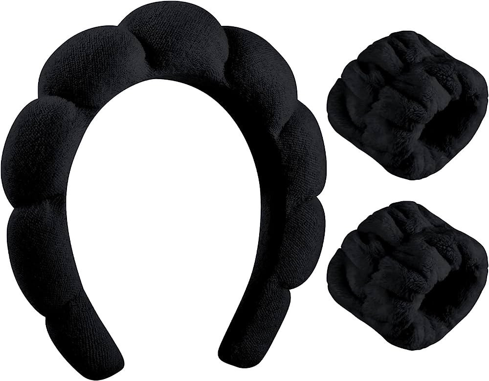 Sponge Spa Headband for Women, Soft Makeup Headband and Wrist Washband Set Black Skincare Headban... | Amazon (US)
