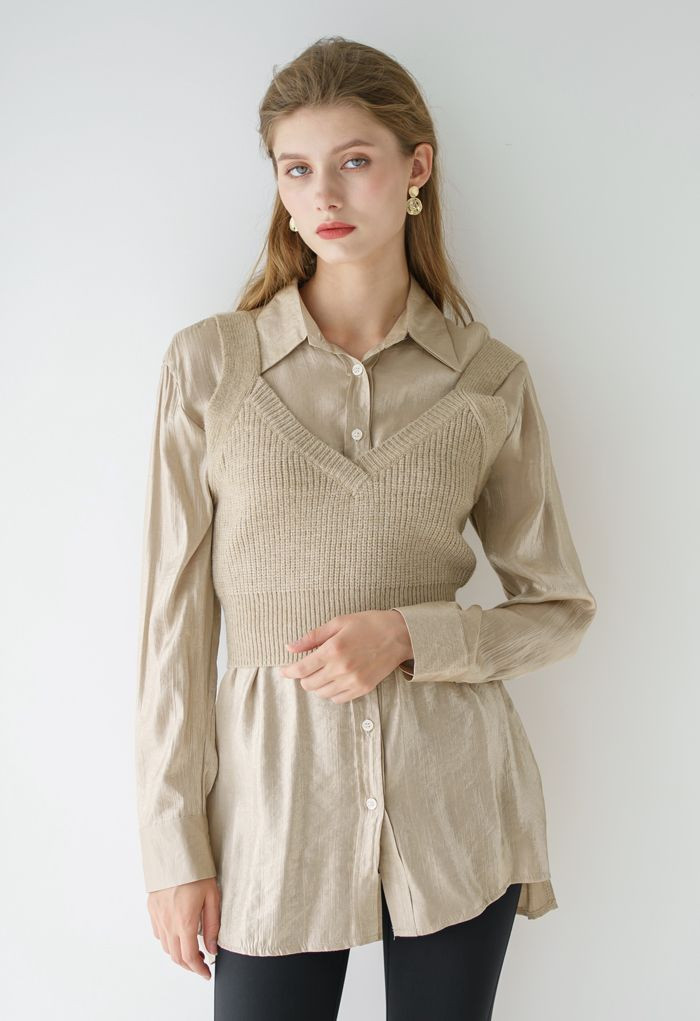 V-Neck Crop Knit Tank Top in Sand | Chicwish