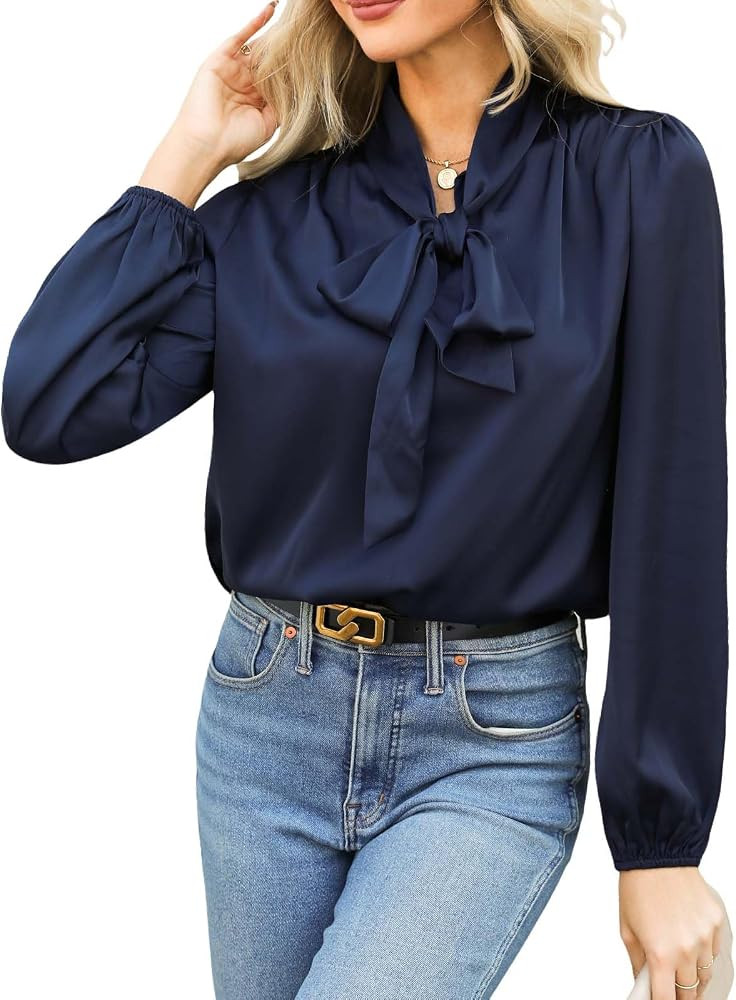 CUPSHE Women's Satin Tops Bow Tie Lantern Long Sleeve Blouses Silk Business Tops Office Work Shir... | Amazon (US)