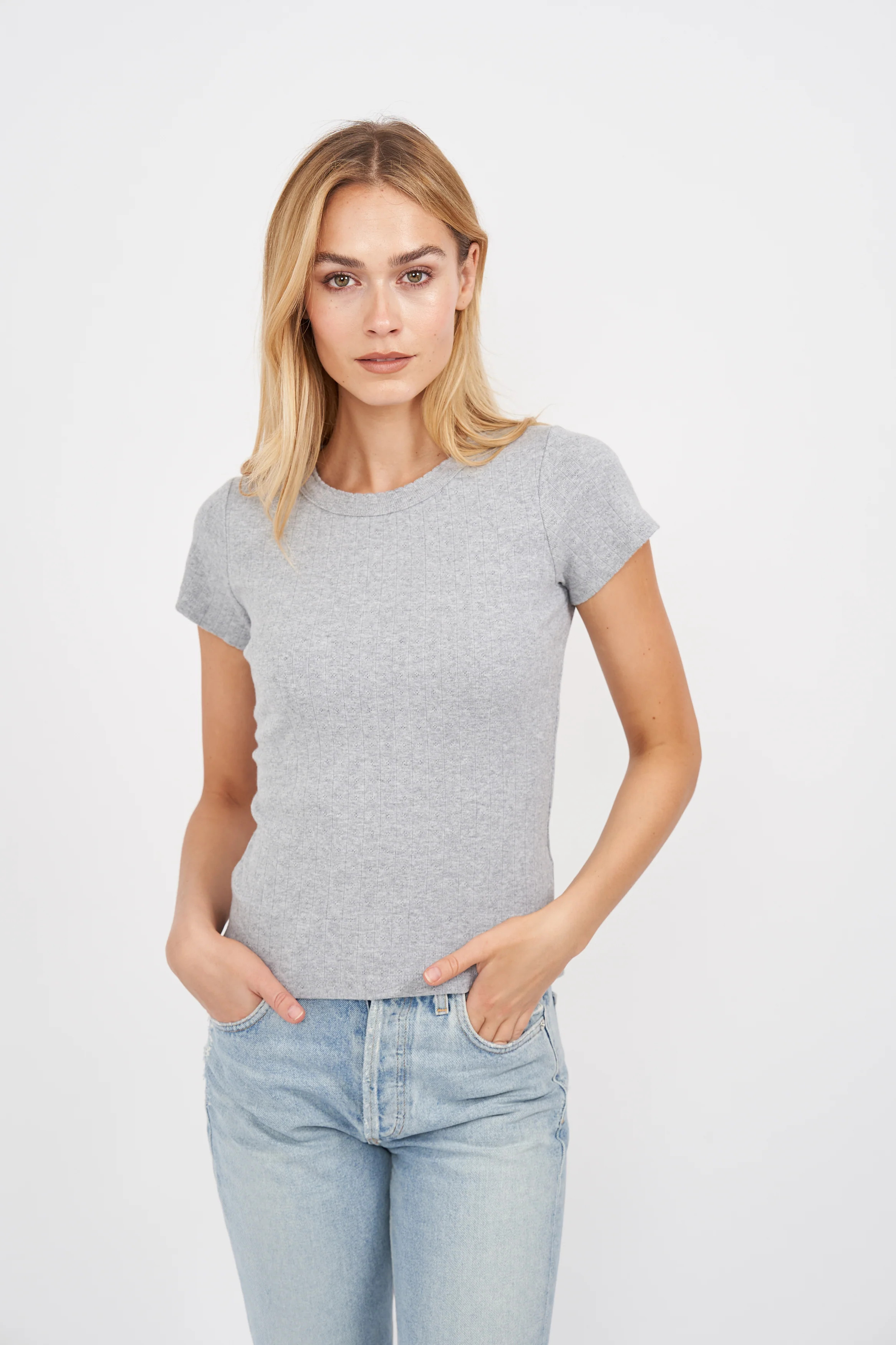 Pointelle Crewneck Tee - Grey | Marea