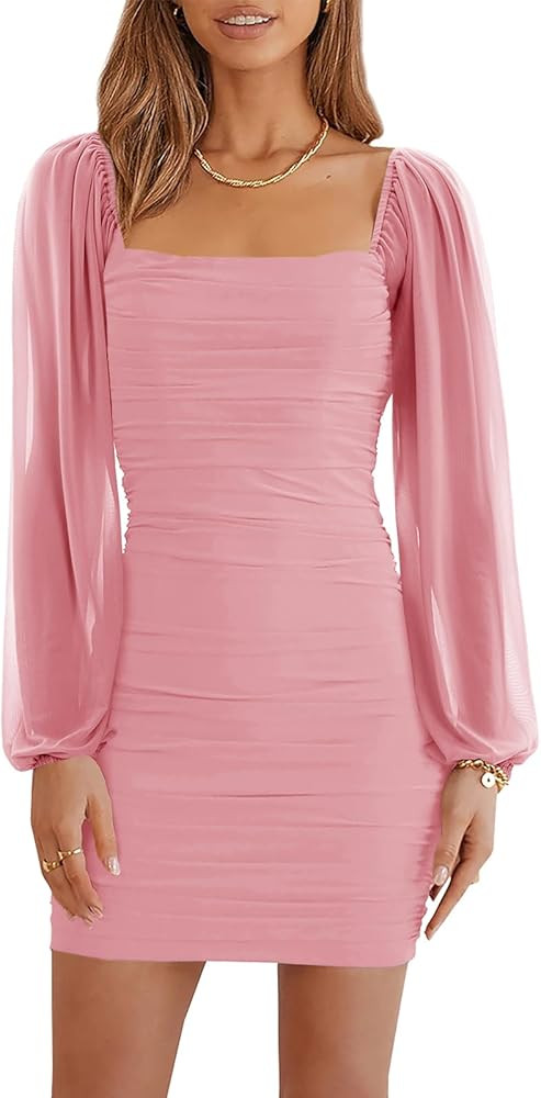 Wenrine Women's Mesh Long Sleeve Square Neck Ruched Party Club Cocktail Bodycon Mini Dress | Amazon (US)