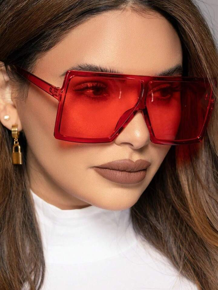 1pc Unisex Red Square Frame Plain Large Size Glasses Frame | SHEIN