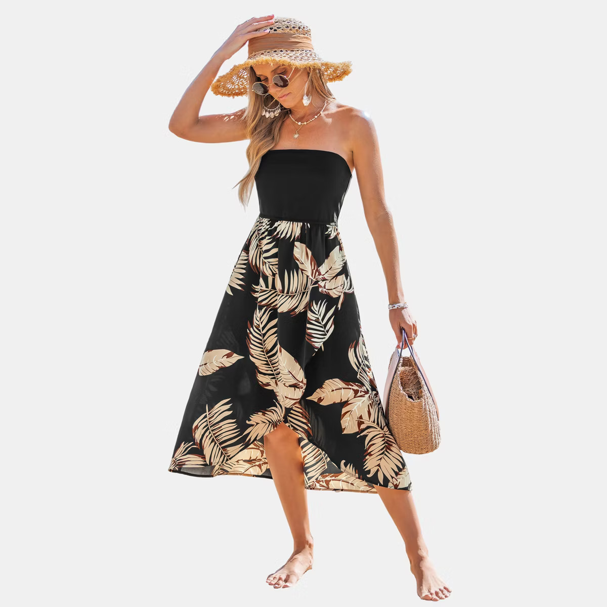 Women's Tropical Leaf Print Strapless Beach Dress - Cupshe-XL-Black | Target