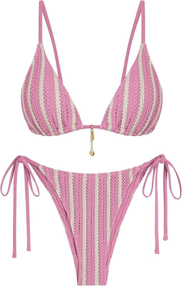 ZAFUL Crochet Bikini Sets for Women Cheeky Two Piece Bathing Suits Striped Brazilian High Cut Kni... | Amazon (US)