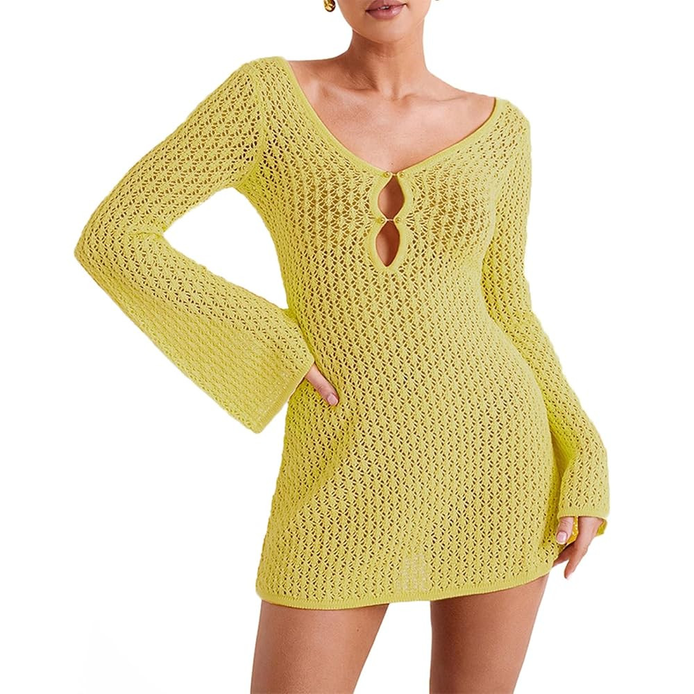 Women's Knit See Through Dress Long Sleeve Dress Long Sleeve V Neck Backless Hollowed Solid Sheer... | Amazon (US)