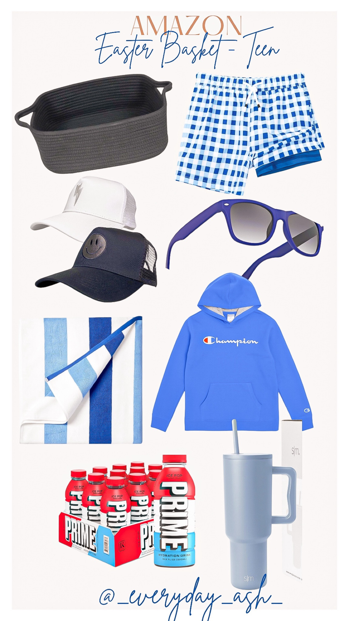 Easter basket - teen boy 🐰🩵

Amazon gifts, gifts for him, teen boy, storage basket, swim trunks , swim shorts, men’s hat, sunglasses, gift guide, pool towel, blue sweatshirt, prime drinks, blue tumbler

#LTKfindsunder50 #LTKkids #LTKstyletip