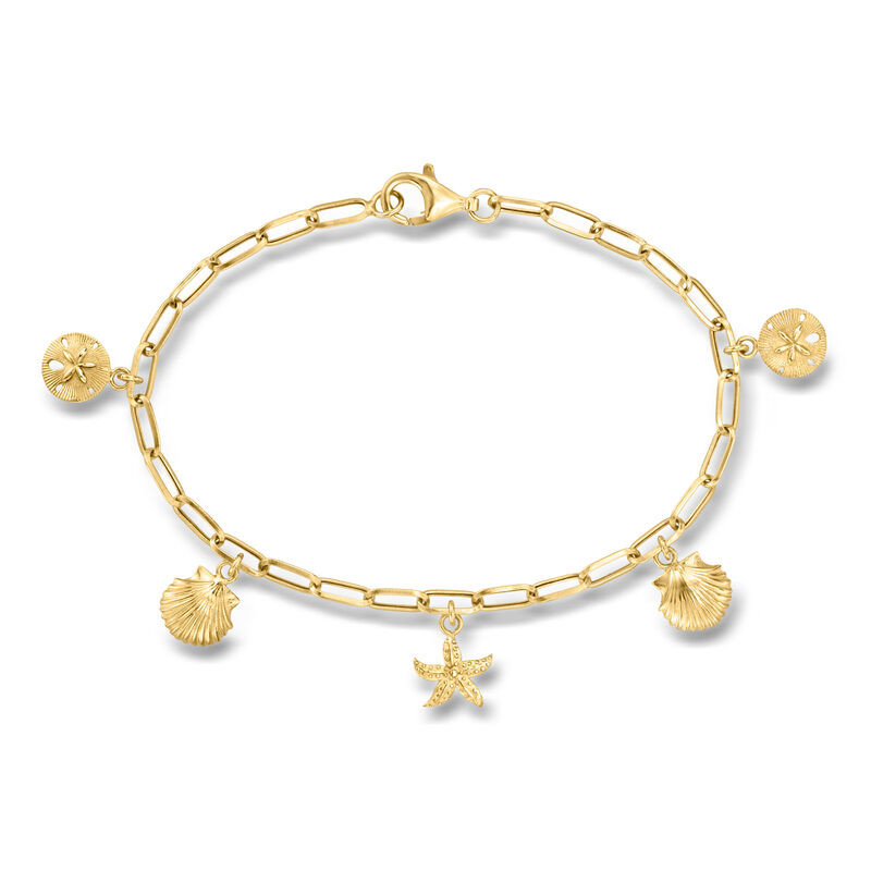 14kt Yellow Gold Sea Life Paper Clip Link Charm Bracelet | Ross-Simons