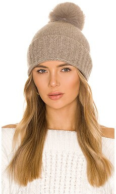 Hat Attack Cashmere Slouchy Cuff Beanie with Faux Fur Pom in Taupe from Revolve.com | Revolve Clothing (Global)