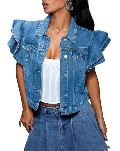 LifeShe Cropped Denim Jacket for Women Summer Ruffle Sleeve Button Down Crop Jean Jacket Casual | Amazon (US)